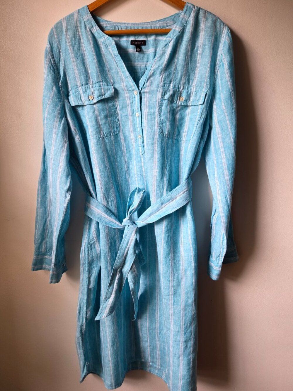 EUC TALBOTS 100% LINEN STRIPED SPLIT V NECK BELTED LONG SLEEVE BUTTONED DRESS M